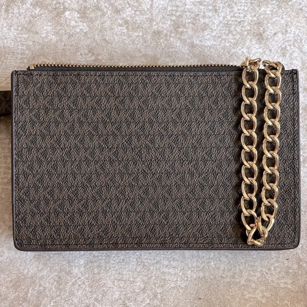 Brand New Michael Kors Brown Zippered Logo Belt Bag Gold Tone Chain Fanny Pack